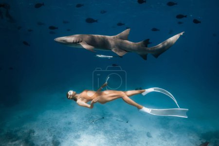 Foto de Mujer en máscara de buceo y aletas nadando con tiburones nodriza en un océano azul tropical en las Maldivas. - Imagen libre de derechos