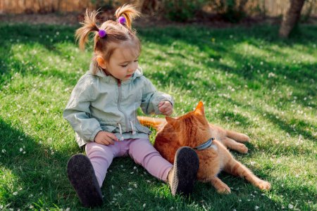 Téléchargez les photos : Enfant fille assis sur la pelouse et jouer avec le chat roux - en image libre de droit