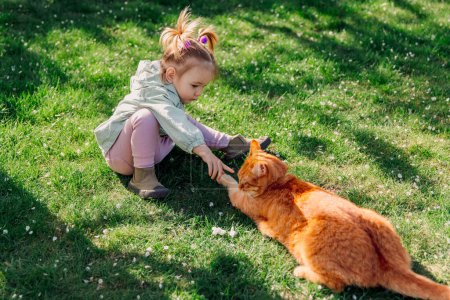 Photo for Child girl playing with ginger cat in spring backyard garden - Royalty Free Image