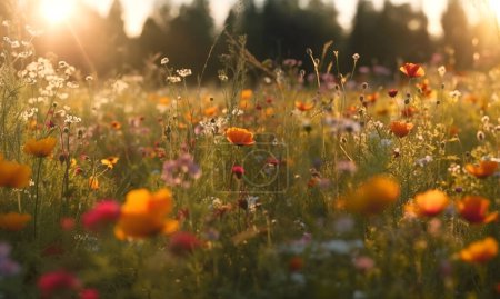 Téléchargez les photos : Prairie de fleurs colorées avec des rayons de soleil et des lumières bokeh en été - bannière arrière-plan de la nature avec espace de copie - carte de vœux d'été wildflowers concept printemps lumineux - en image libre de droit