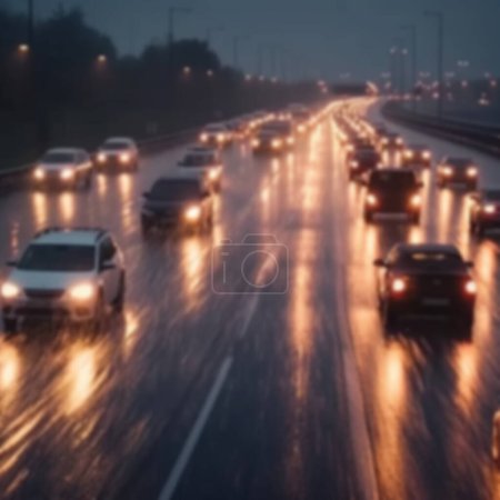 Foto de Atasco de tráfico borroso pesado en la carretera en el día lluvioso con gotas de lluvia en las gafas de coche. fondo borroso, desenfoque de movimiento, hora pico de la noche - Imagen libre de derechos