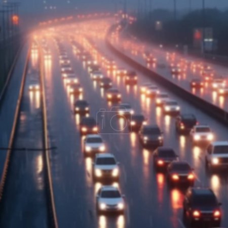 Foto de Atasco de tráfico borroso pesado en la carretera en el día lluvioso con gotas de lluvia en las gafas de coche. fondo borroso, desenfoque de movimiento, hora pico de la noche - Imagen libre de derechos
