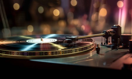 Vinyl record player, bright lights disco-bokeh. Needle on vinyl record.Vintage record player while recording, the record spins and music plays. Gramophone close-up macro