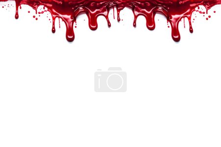 Foto de Manchas de sangre goteando aisladas sobre fondo blanco, concepto de terror de Halloween. sangrienta rojo salpicado gotas asesinato fondo diseño espacio para texto - Imagen libre de derechos