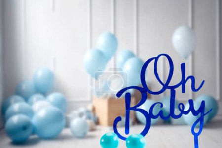 Photo for Pregnancy announcement background with text Oh Baby in blue baby boy room. Greeting card, baby shower invitation, baby birth, blurred background Newborn concept copy space - Royalty Free Image
