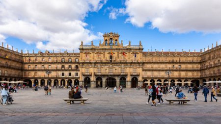 Photo for Salamanca, Spain, 03.10.2021. Plaza Mayor in Salamanca in Spanish baroque style, city hall building and people walking. - Royalty Free Image