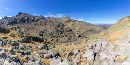 Photo for Sierra de Gredos mountains panorama in autumn from the trail to the Laguna Grande de Gredos lake from the Plataforma de Gredos in Sierra de Gredos mountains, Spain. - Royalty Free Image