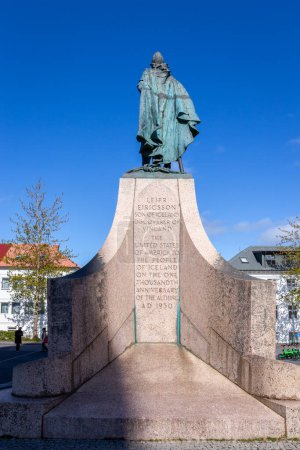 Photo for Reykjavik, Iceland, 14.05.22. Leif Erikson statue by Alexander Stirling Calder (1929); Viking hero and explorer, in front of the Hallgrimskirkja church. - Royalty Free Image