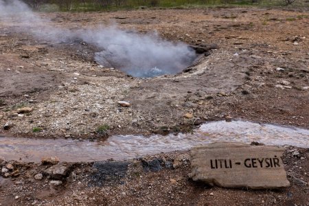 Little Geyser (Litli Geysir) simmering and steaming with information sign, Haukadular valley geothermal area in Iceland, no people. Translation: Litli Geysir - Little Geyser.