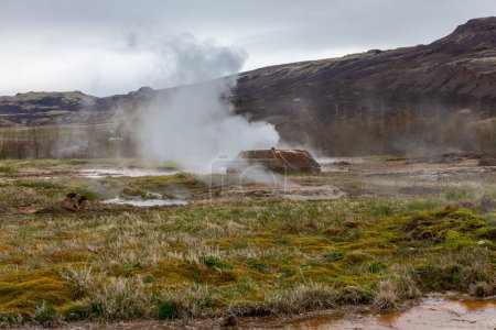 Geysir geothermal area landscape in Haukadular valley, Iceland, with steaming hot springs, hot water streams and mountains in the background, no people.