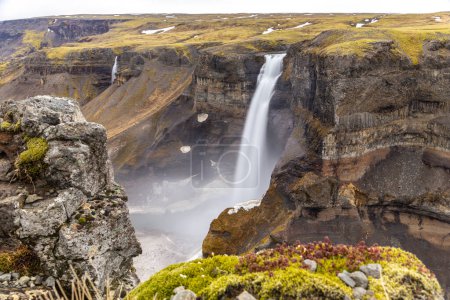 Téléchargez les photos : Cascade de Haifoss dans la vallée de Fossardalur en Islande, vue sur le paysage du canyon profond couvert d'herbe et de mousse, longue exposition. - en image libre de droit