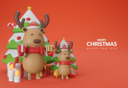 Photo for 3d illustration Merry Christmas and Happy New Year with big and small reindeer holding gift boxs and big and small christmas trees on red background. Background Xmas. Horizontal new year poster, greeting card - Royalty Free Image