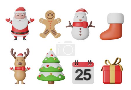 Photo for 3d illustration Christmas icons set on white background. Santa Claus, gingerbread man, snow man, sock, reindeer,  date 25th, christmas tree, gift box. Merry Christmas and Happy New Year. Horizontal new year poster, greeting and celebration card. - Royalty Free Image
