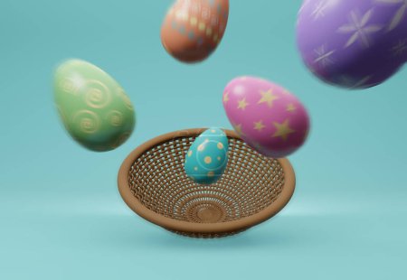 3D illustration colorful Easter eggs bounce off from brown basket on green background. Happy Easter. 