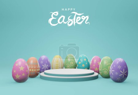 3D illustration Colorful Easter eggs around with podium stage on green background. Happy Easter. 