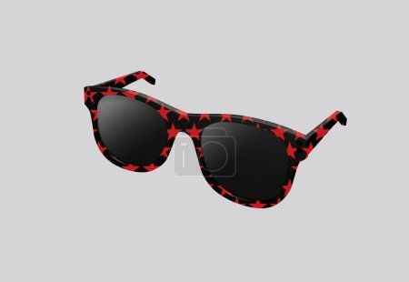 Photo for 3D illustration black fashion sunglasses with red star pattern and black lens optic isolated on gray background - Royalty Free Image