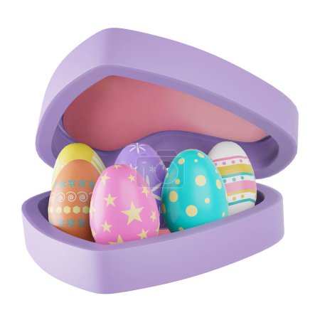 Photo for 3d rendering icon colorful handmade easter eggs in purple heart shape box isolated on white background. Happy Easter Day. Easter concept. Festive Easter eggs. 3d illustration. - Royalty Free Image