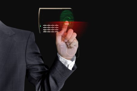 Téléchargez les photos : Human hand scanning with finger scan on access control machine, electronic green fingerprint on red scanning screen. - en image libre de droit