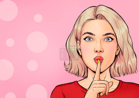 Photo for Pop Art girl  shot of quiet. Amazing  woman keeps fore finger over lips, makes silence gesture, gossips with friend,  says hush. Be quiet - Royalty Free Image