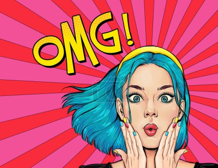 Surprised young sexy woman  in comic style. Amazed lady saying OMG. Pop Art girl with shocked face.  