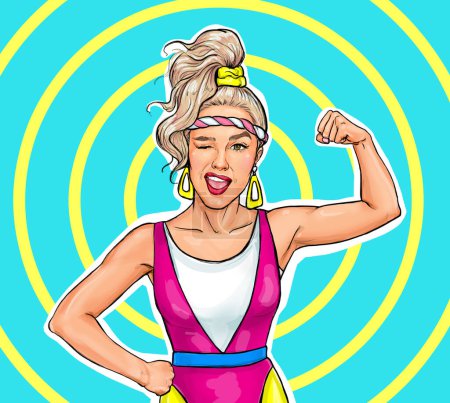 Pop Art sporty winking woman. Girl power advertising poster. Comic woman showing her biceps. We Can Do It. Fitness.
