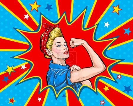 Pop art woman showing her biceps. We Can Do It. Girl power advertising poster. 