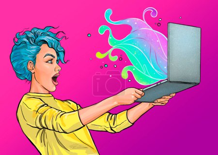 Photo for Young amazed woman with laptop in the hand in comic style. IT Advertising poster of smart girl standing and using computer. Business, technology and office concept. - Royalty Free Image