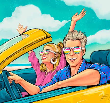 Photo for Smiling couple in love ride in cabriolet car. Road trip summer vocation fun young couple are driving  on holiday. Woman with arms up happy, man driver having fun. - Royalty Free Image