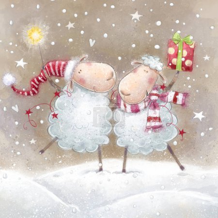 Foto de Dibujos animados ovejas divertidas con espumoso y regalo. Tarjetas de felicitación de Navidad. - Imagen libre de derechos