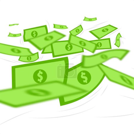 Ilustración de Un vector que muestra un montón de billetes de dólar cayendo desde arriba y siendo soplado por el viento - Imagen libre de derechos