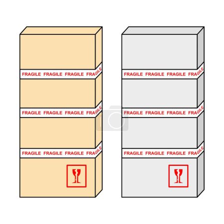 Téléchargez les illustrations : Vecteur de deux paquets avec de longues grandes boîtes en carton de couleurs marron et blanc et en utilisant du ruban adhésif avec les mots éléments fragiles - en licence libre de droit