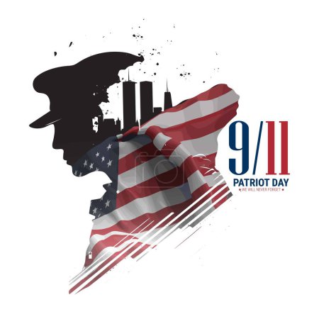 Vektor Patriot Day Illustration. Wir werden den 11. September nie vergessen. Vektor patriotische Illustration mit amerikanischer Flagge und Silhouette eines Polizisten