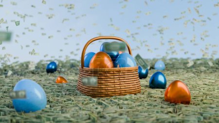 Geld regnet auf üppiges Gras neben einem Osterkorb voller bunter Eier im Sonnenlicht.