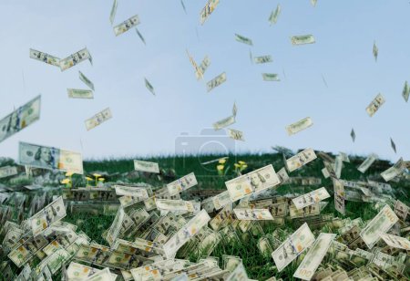 rendu image 3D : l'argent pleut sur l'herbe verte luxuriante sous un ciel clair, symbolisant l'abondance financière