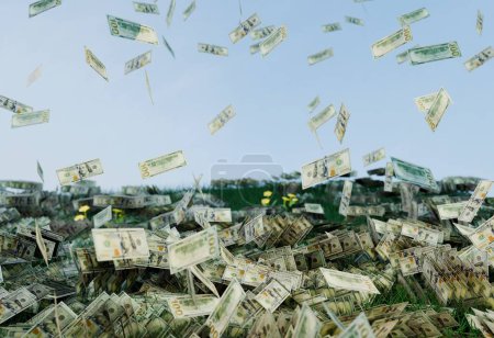 3D imagen renderizar: dinero lloviendo sobre la hierba verde exuberante bajo un cielo despejado, simbolizando la abundancia financiera