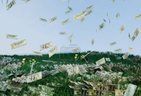 3D-Bild-Rendering: Geld regnet auf saftig grünes Gras unter klarem Himmel, symbolisiert finanziellen Überfluss