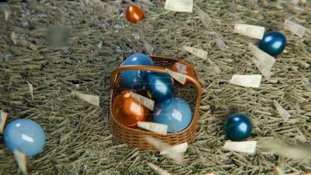 Geld regnet auf üppiges Gras neben einem Osterkorb voller bunter Eier im Sonnenlicht.
