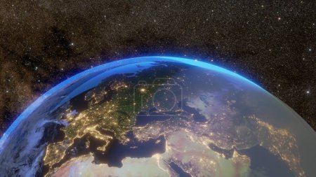 Earth cgi render close up with city lights from Italy to China, illustrating global urbanization.