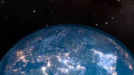 Earth cgi render close up with city lights from Italy to China, illustrating global urbanization.