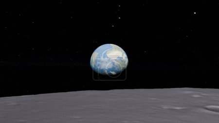 3D render of Earth rising over the moon's surface as viewed by Apollo mission