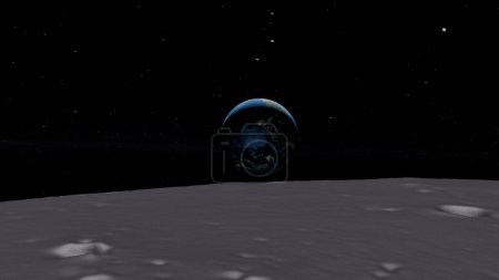Animación 3D de la Tierra elevándose sobre la superficie de la luna según lo visto por la misión Apolo
