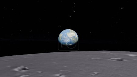 Animación 3D de la Tierra elevándose sobre la superficie de la luna según lo visto por la misión Apolo