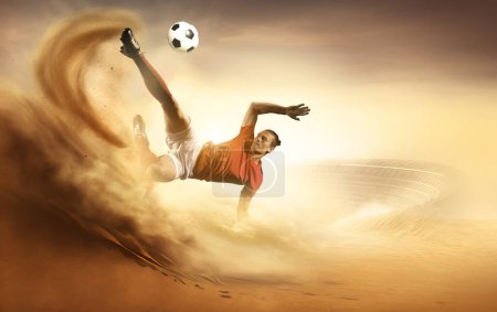 Téléchargez les photos : Joueur de football dans le désert, rendu 3D - en image libre de droit
