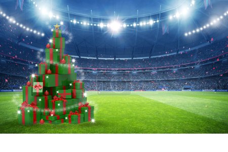 Téléchargez les photos : Boîtes cadeaux 3d, concept d'arbre de Noël dans le stade - en image libre de droit