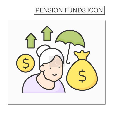 Charges color icon. Timely accumulated money. Money bag. Old woman insurance saving. Pension fund concept. Isolated vector illustration
