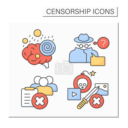 Illustration for Censorship color icons set. Brainwash, anonymous, blacklist, extremist content. Society concept. Isolated vector illustrations - Royalty Free Image