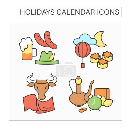 Illustration for Holidays calendar color icons set. Moon festival, Norooz, bulls running, Oktoberfest. Celebration concept. Isolated vector illustrations - Royalty Free Image