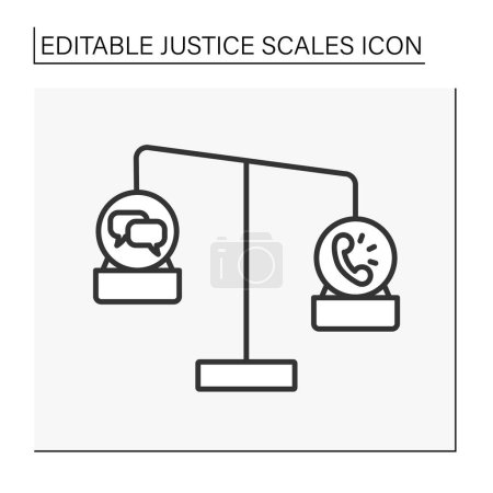 Illustration for Balance line icon. Antique balance scales with message and call. Choice between real-life communication and messaging. Justice scales concept. Isolated vector illustration. Editable stroke - Royalty Free Image