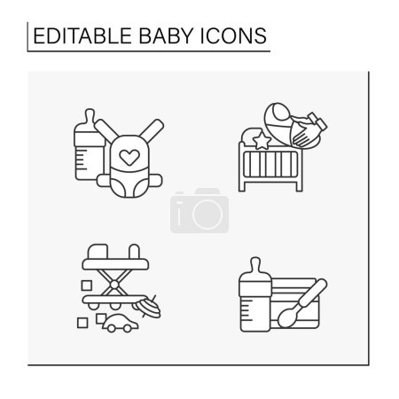 Ilustración de Conjunto de iconos de línea de bebé. Productos para bebés.Cosas para el sueño, la comodidad y el cuidado. Ilustraciones vectoriales aisladas. Carrera editable - Imagen libre de derechos