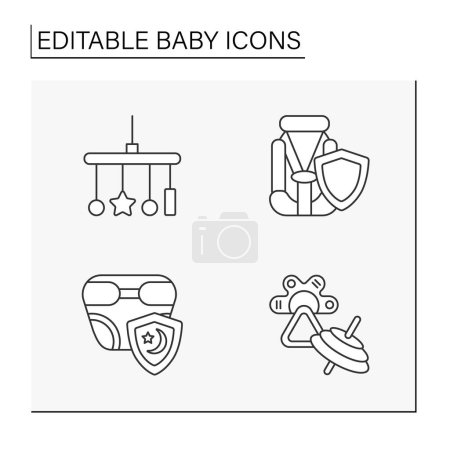 Ilustración de Conjunto de iconos de línea de bebé. Productos para bebés.Cosas para el sueño, la comodidad y el cuidado. Ilustraciones vectoriales aisladas. Carrera editable - Imagen libre de derechos